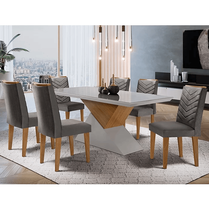 Mesa Aster 180 Tampo em MDF e Vidro com 6 Cadeiras Liz Moderna Creme/Off White/Imbuia 3
