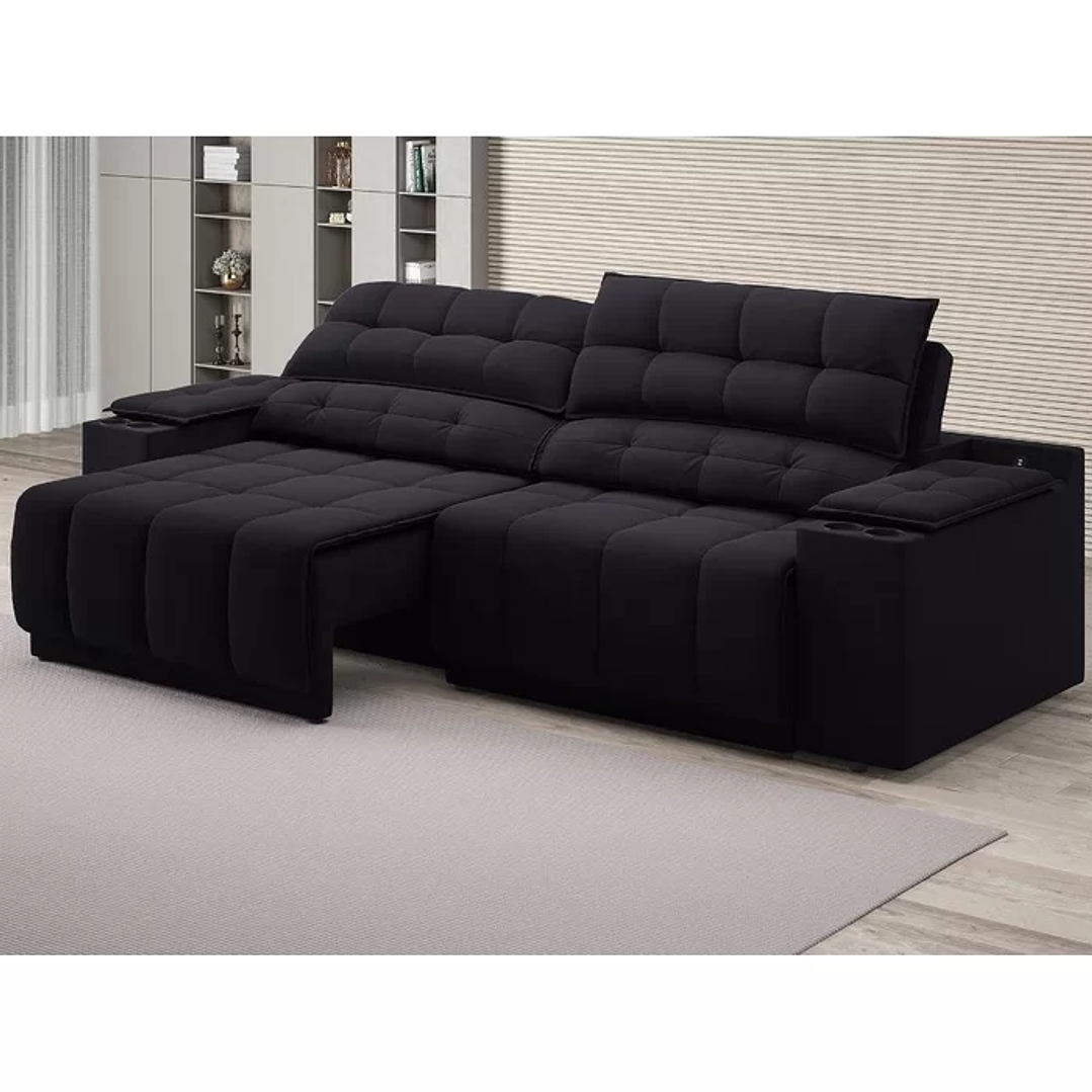  Sofá com Porta Copos Carregador USB Ret Rec Samurai 2,30m Velosuede  1