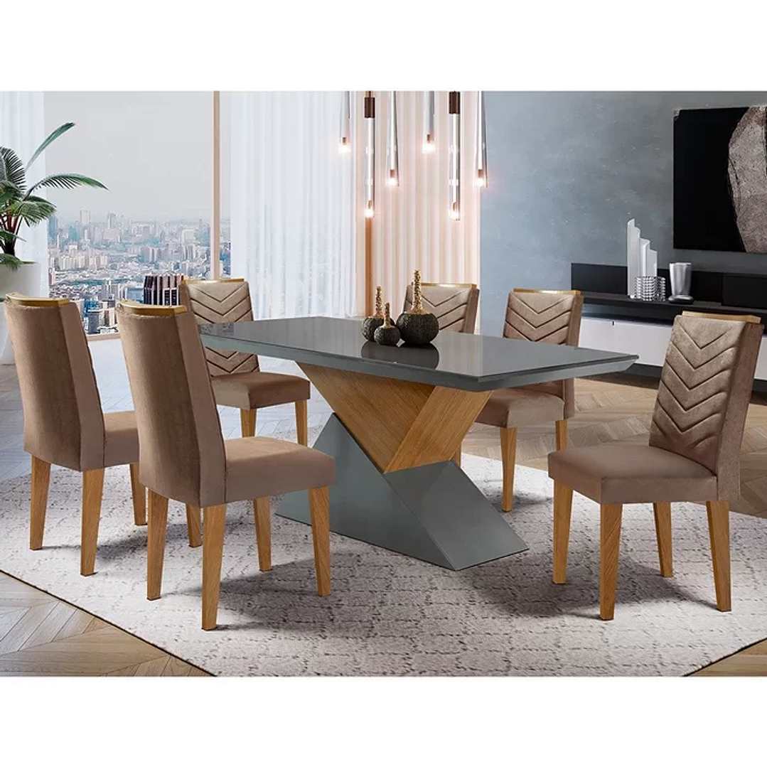 Mesa Aster 180 Tampo em MDF e Vidro com 6 Cadeiras Liz Moderna Creme/Off White/Imbuia 4