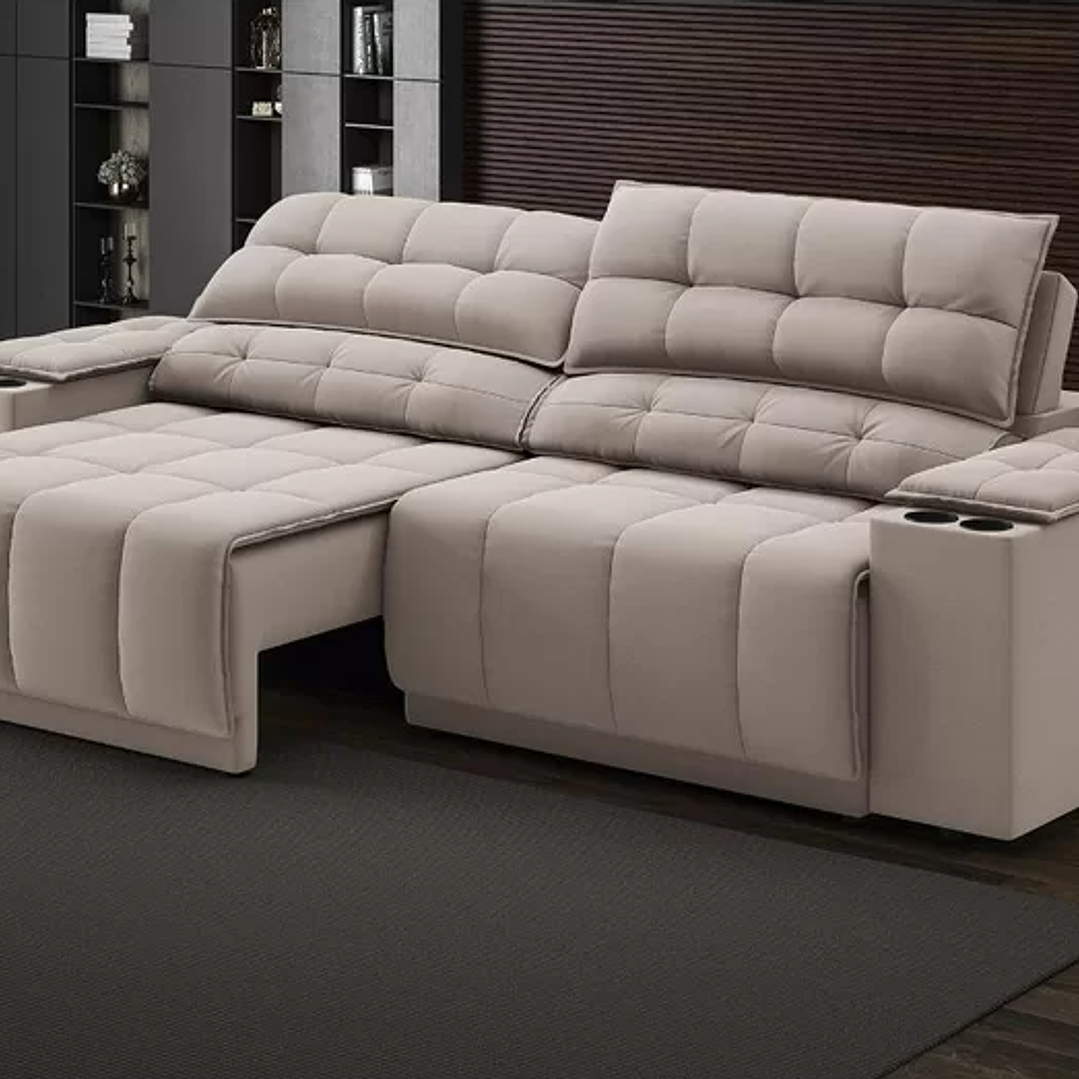  Sofá com Porta Copos Carregador USB Ret Rec Samurai 2,30m Velosuede  2