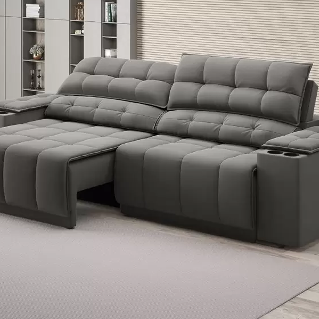  Sofá com Porta Copos Carregador USB Ret Rec Samurai 2,30m Velosuede  3