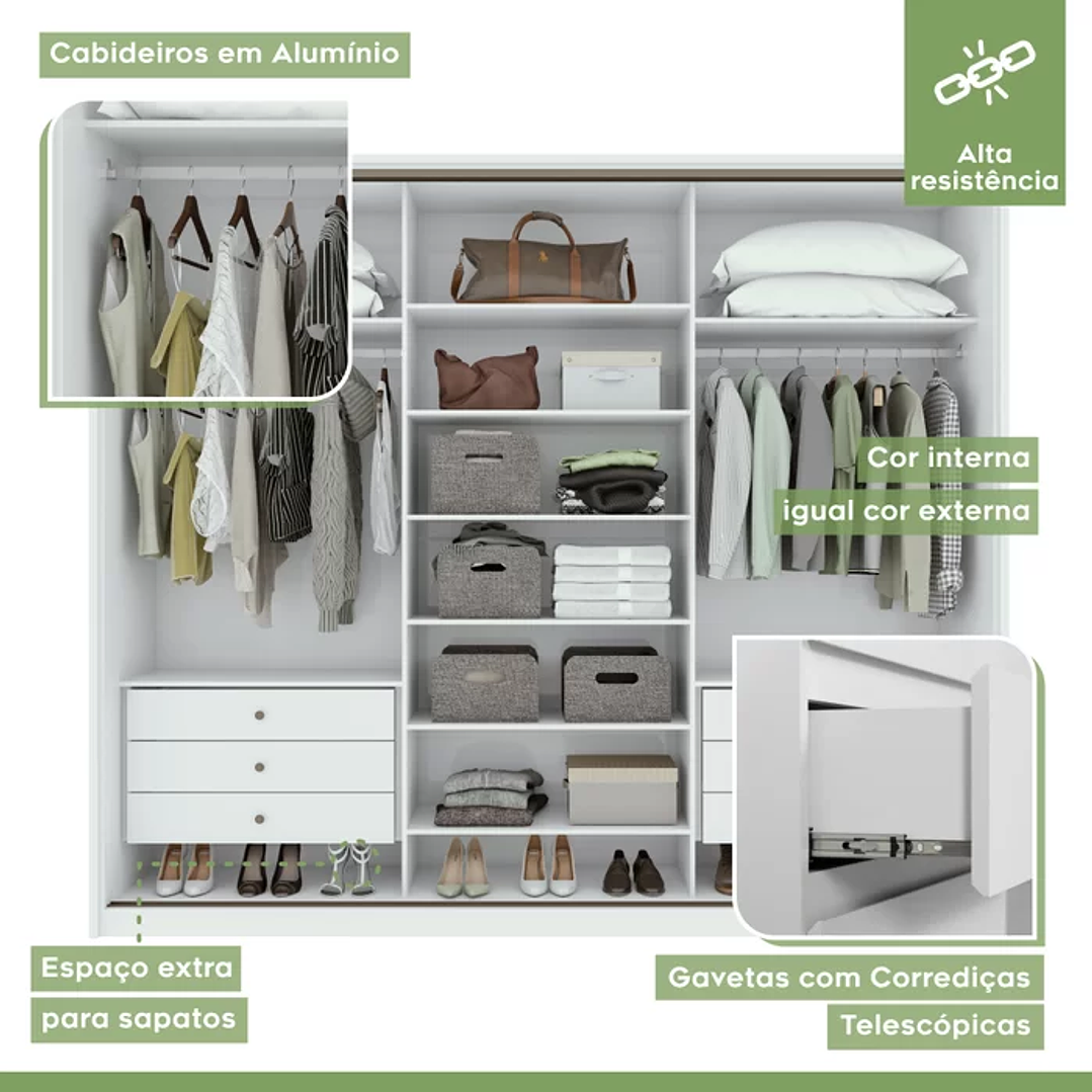 Guarda Roupa Casal 3 Portas de Correr 6 Gavetas 270,5cm Spazio  Branco 4