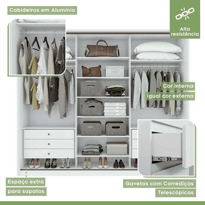 Guarda Roupa Casal 3 Portas de Correr 6 Gavetas 270,5cm Spazio  Branco 4