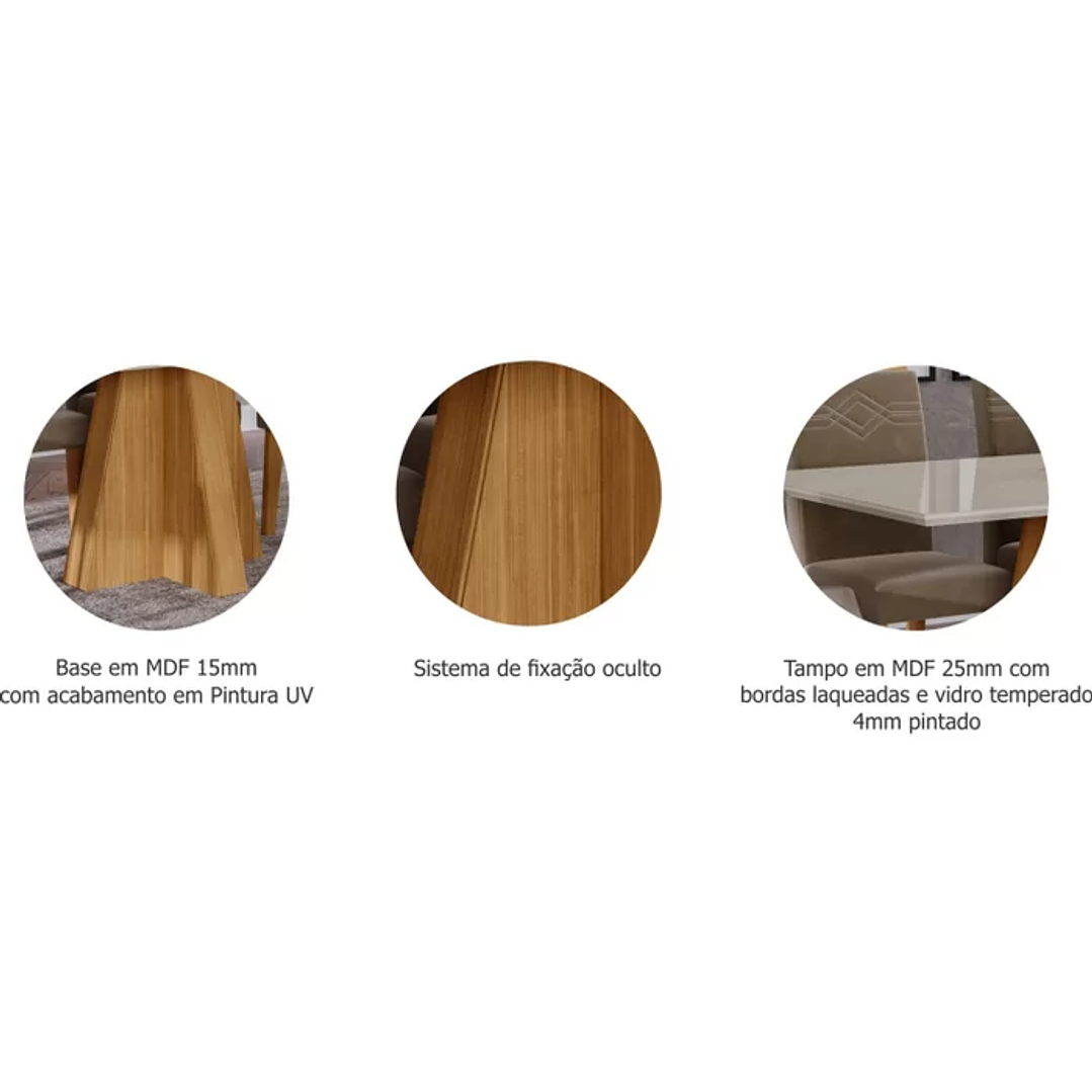 Conjunto Mesa com Vidro e 4 Cadeiras Sala de Jantar Mesa Patricia Nature/Off White/Gengibre 7