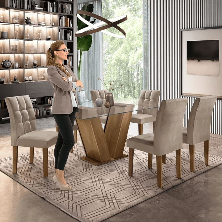 Conjunto Sala de Jantar Mesa Classic Tampo de Vidro 6 Cadeiras Vitória Chocolate/Animale Marrom 13