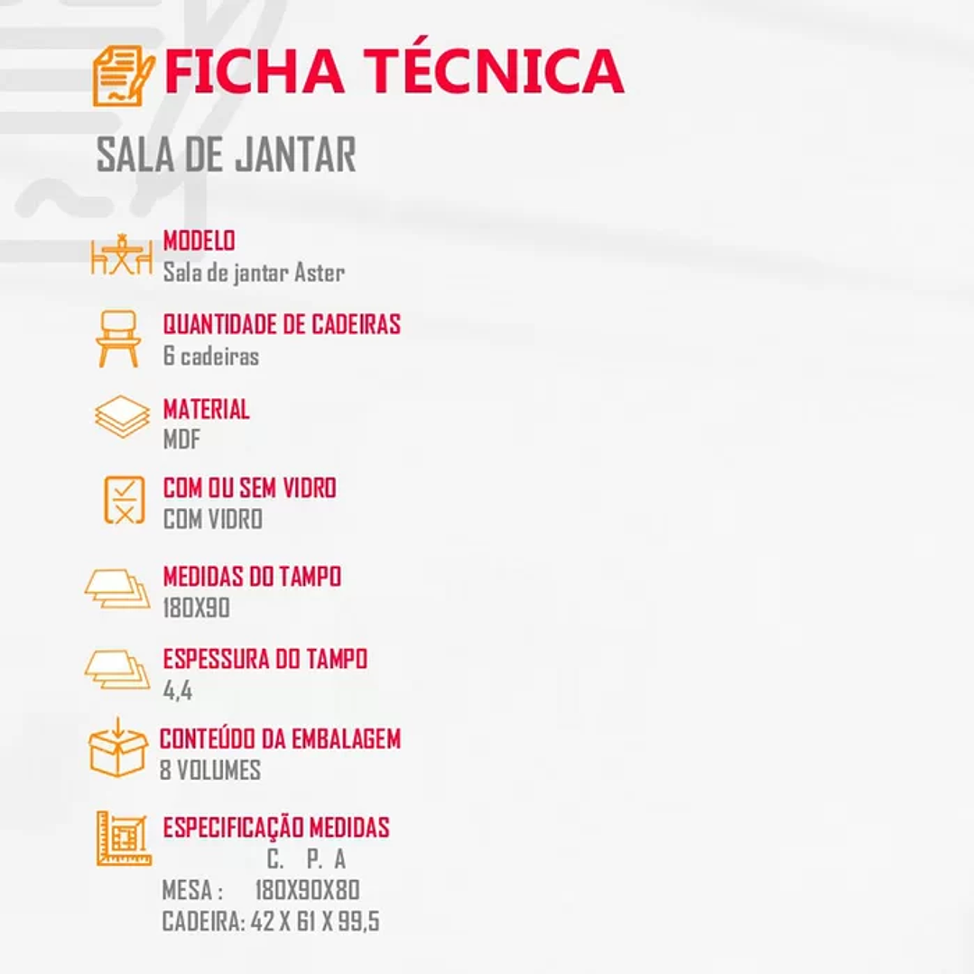 Mesa Aster 180 Tampo em MDF e Vidro com 6 Cadeiras Liz Moderna Creme/Off White/Imbuia 10