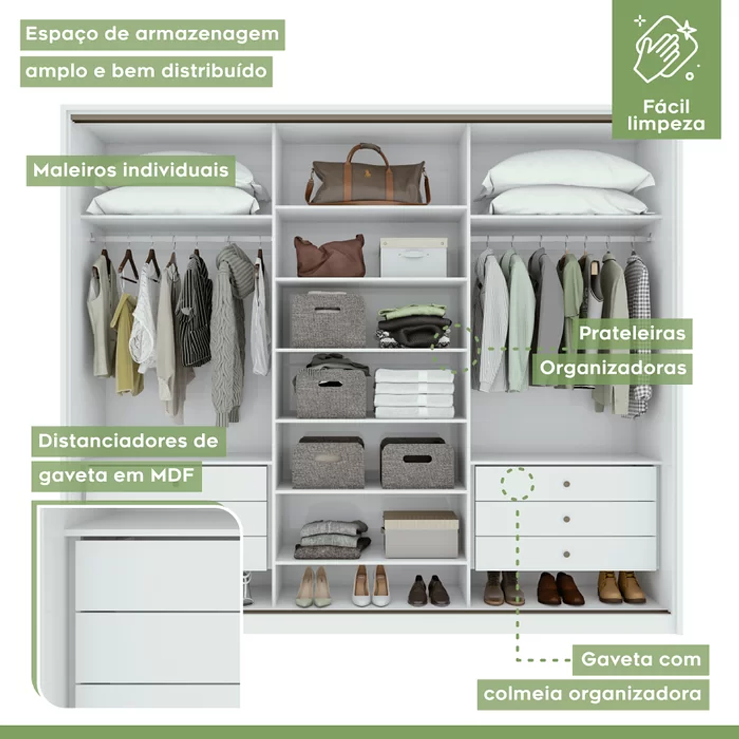 Guarda Roupa Casal 3 Portas de Correr 6 Gavetas 270,5cm Spazio  Branco 5
