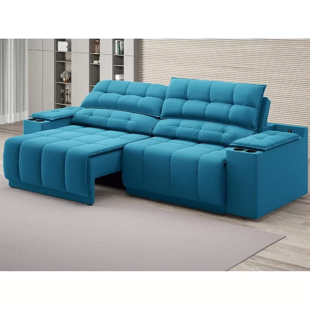  Sofá com Porta Copos Carregador USB Ret Rec Samurai 2,30m Velosuede  6