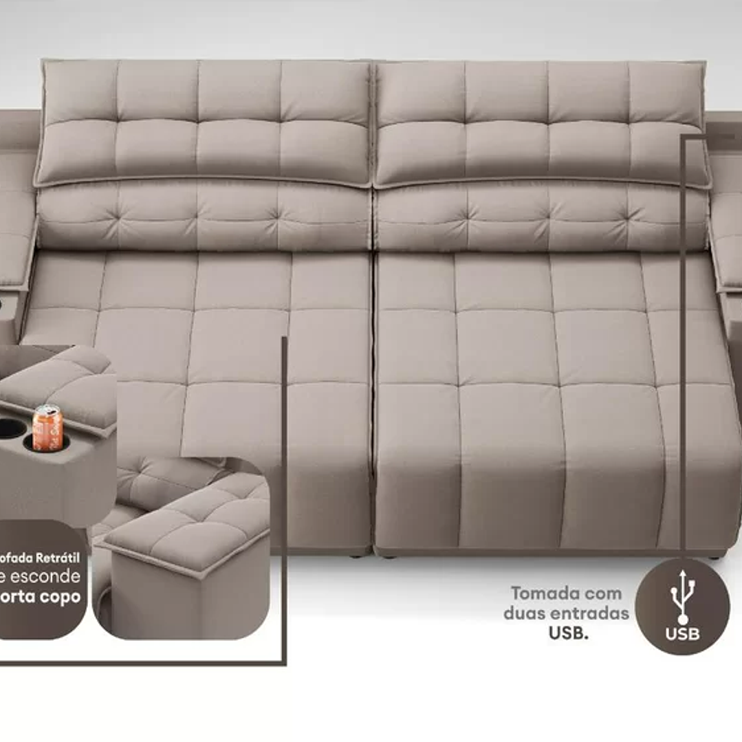  Sofá com Porta Copos Carregador USB Ret Rec Samurai 2,30m Velosuede  7