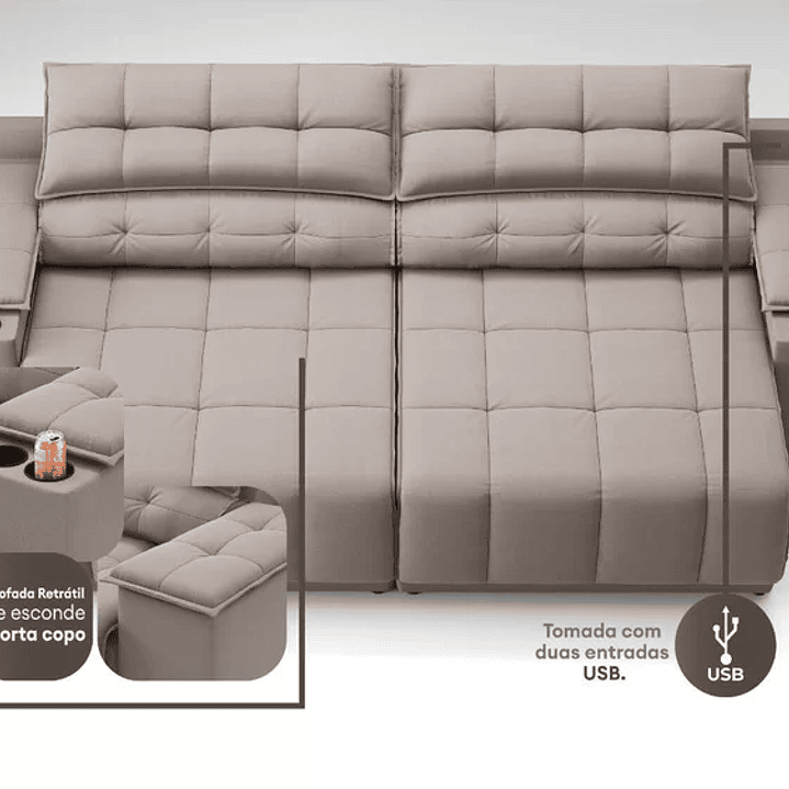  Sofá com Porta Copos Carregador USB Ret Rec Samurai 2,30m Velosuede  7