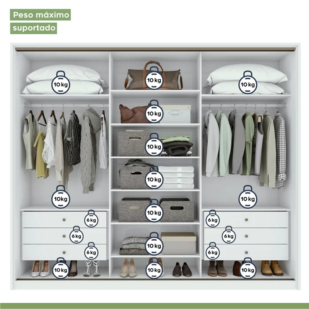 Guarda Roupa Casal 3 Portas de Correr 6 Gavetas 270,5cm Spazio  Branco 8