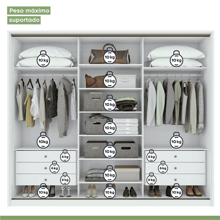 Guarda Roupa Casal 3 Portas de Correr 6 Gavetas 270,5cm Spazio  Branco 8