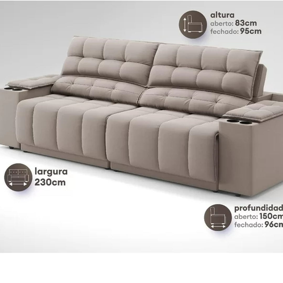  Sofá com Porta Copos Carregador USB Ret Rec Samurai 2,30m Velosuede  8