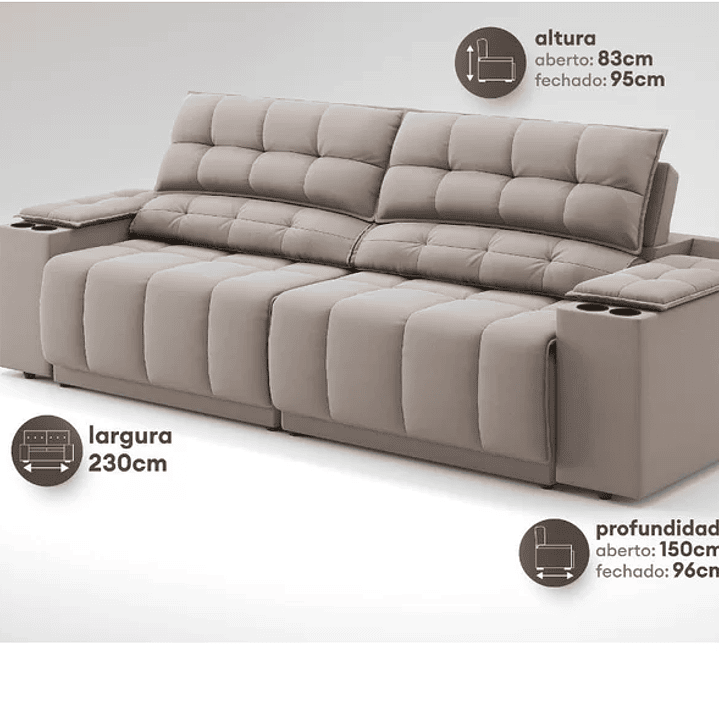  Sofá com Porta Copos Carregador USB Ret Rec Samurai 2,30m Velosuede  8