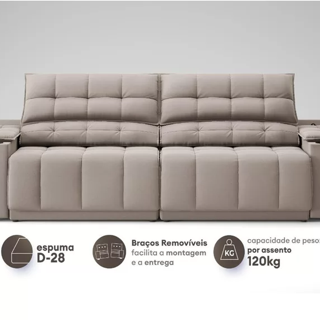  Sofá com Porta Copos Carregador USB Ret Rec Samurai 2,30m Velosuede  9