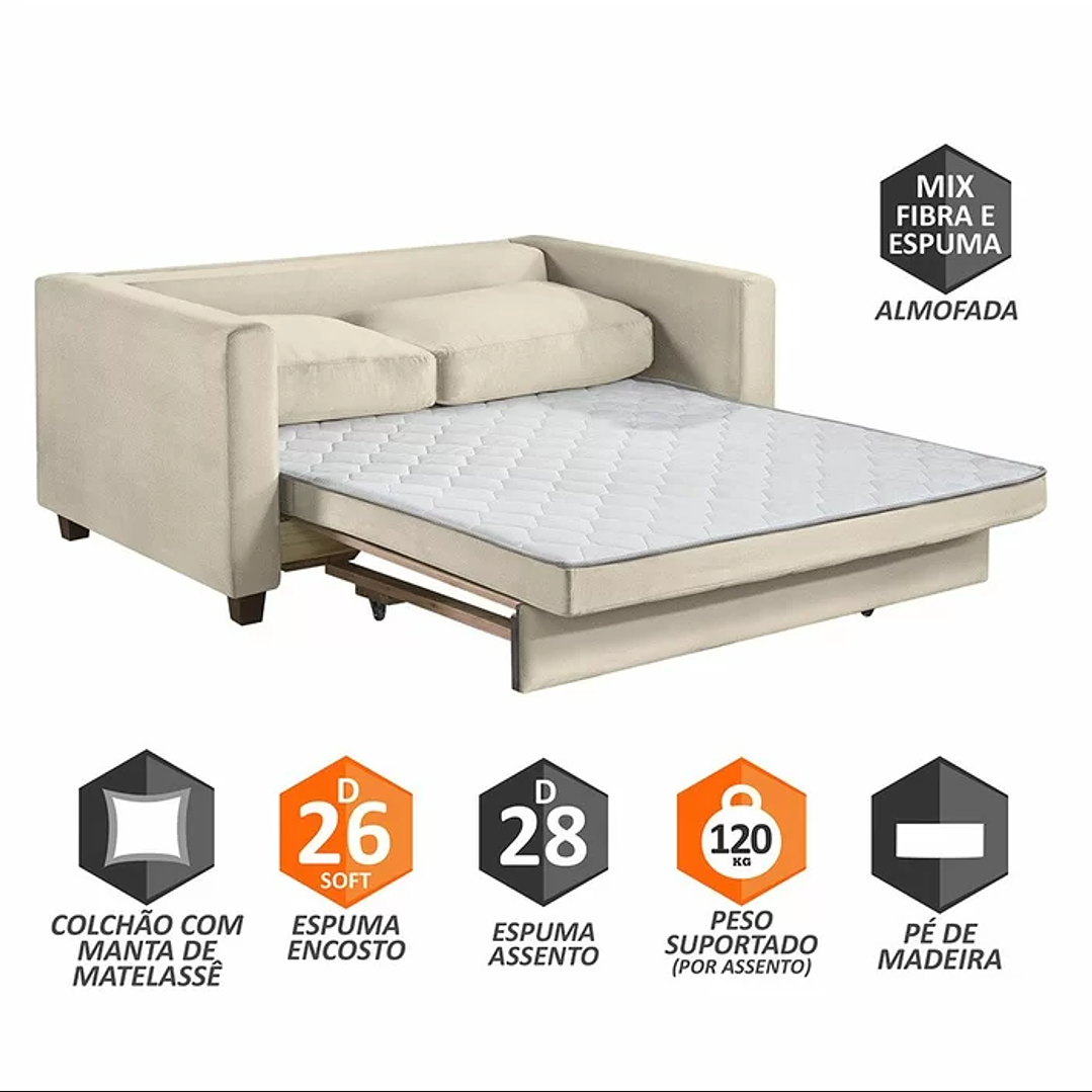 Sofá Cama Marcelle 2 Lugares 150 Casal Veludo Paris Pés de Madeira 6