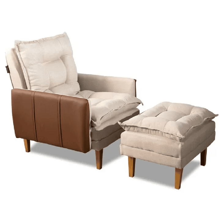 Poltrona De Veludo Konforto Veneza Reclinável Com Puff Bege/Caramelo 2