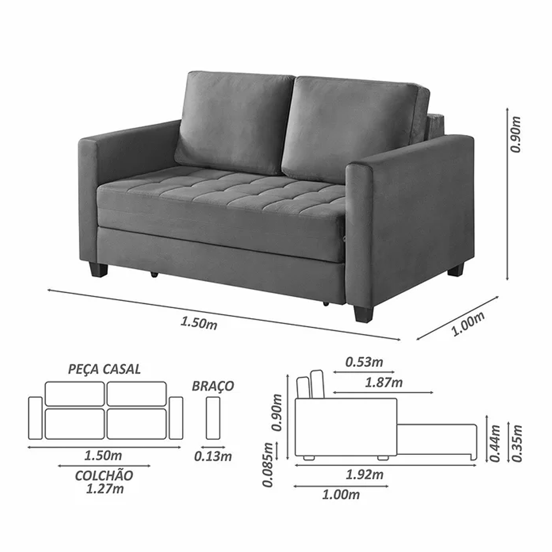 Sofá Cama Marcelle 2 Lugares 150 Casal Veludo Paris Pés de Madeira 7