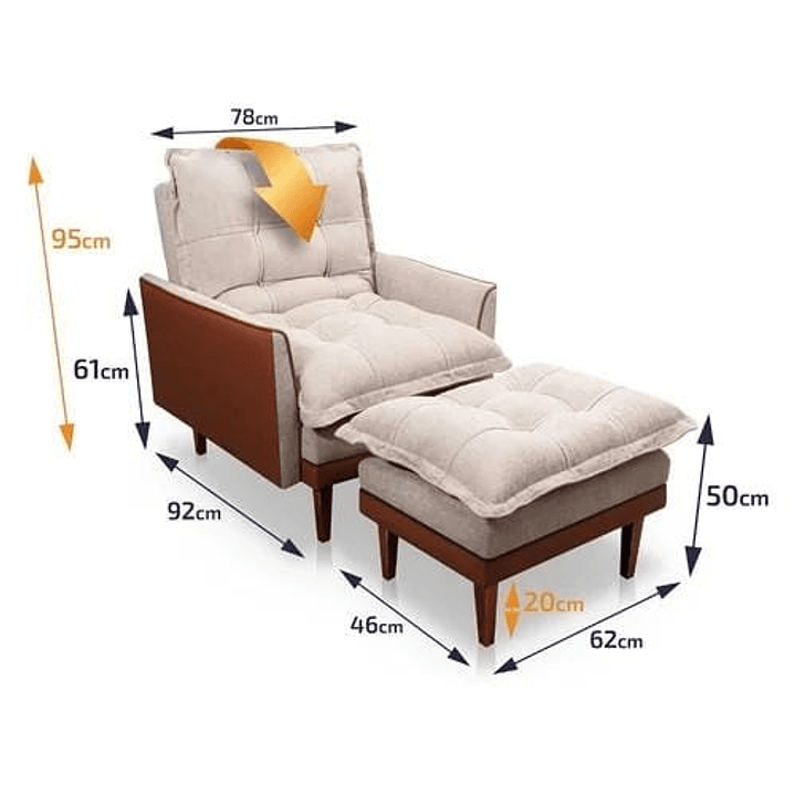 Poltrona De Veludo Konforto Veneza Reclinável Com Puff Bege/Caramelo 6