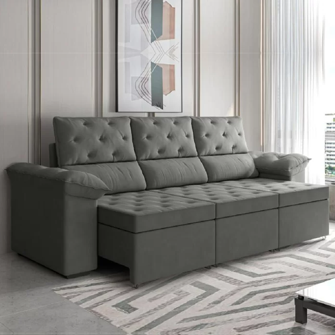 Sofá Retrátil 3 Lugares 2,10m York Suede Cinza 1
