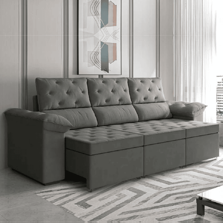 Sofá Retrátil 3 Lugares 2,10m York Suede Cinza 1
