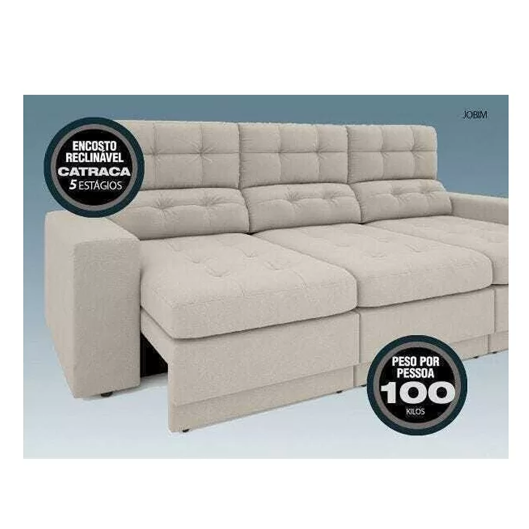 1/8 Sofá 3 Lugares Net Jobim Assento Retrátil e Reclinável Areia 2,05M 5