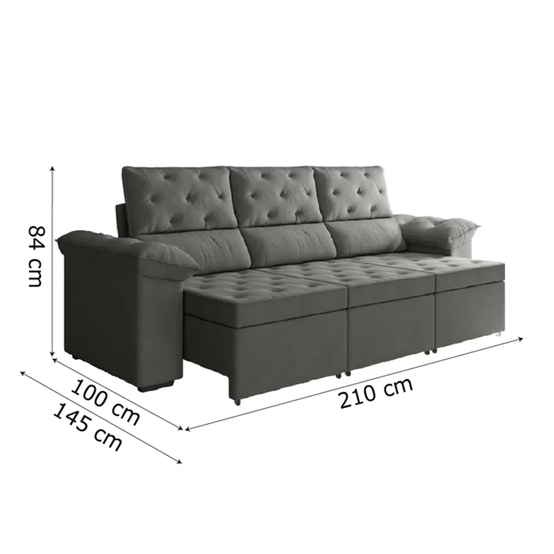 Sofá Retrátil 3 Lugares 2,10m York Suede Cinza 3