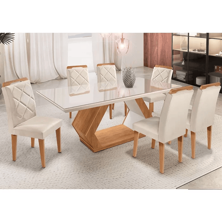 Mesa Alvorada 180 Tp Mdf Vidro canto Reto 6 Cadeiras Veludo Animale/Imbuia/Off White 2
