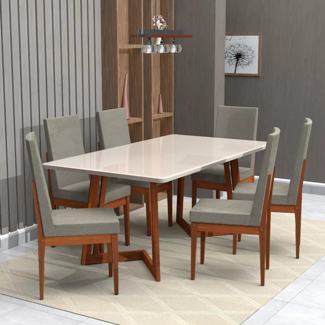 Conjunto Mesa com Vidro Pés Madeira Maciça 6 Cadeiras Madeira Dakota Tecido A40 Caramelo 1