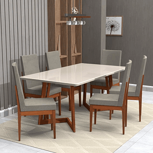 Conjunto Mesa com Vidro Pés Madeira Maciça 6 Cadeiras Madeira Dakota Tecido A40 Caramelo