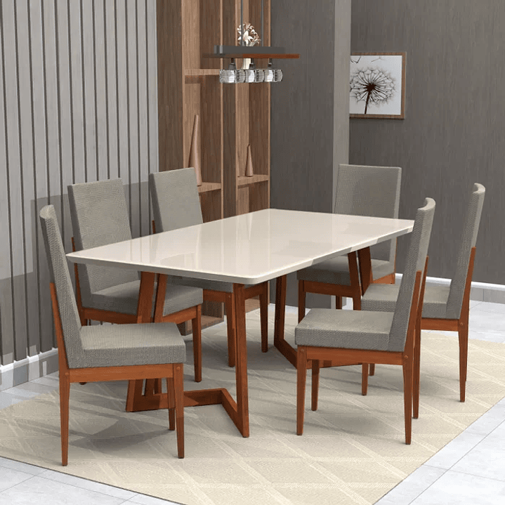 Conjunto Mesa com Vidro Pés Madeira Maciça 6 Cadeiras Madeira Dakota Tecido A40 Caramelo 1