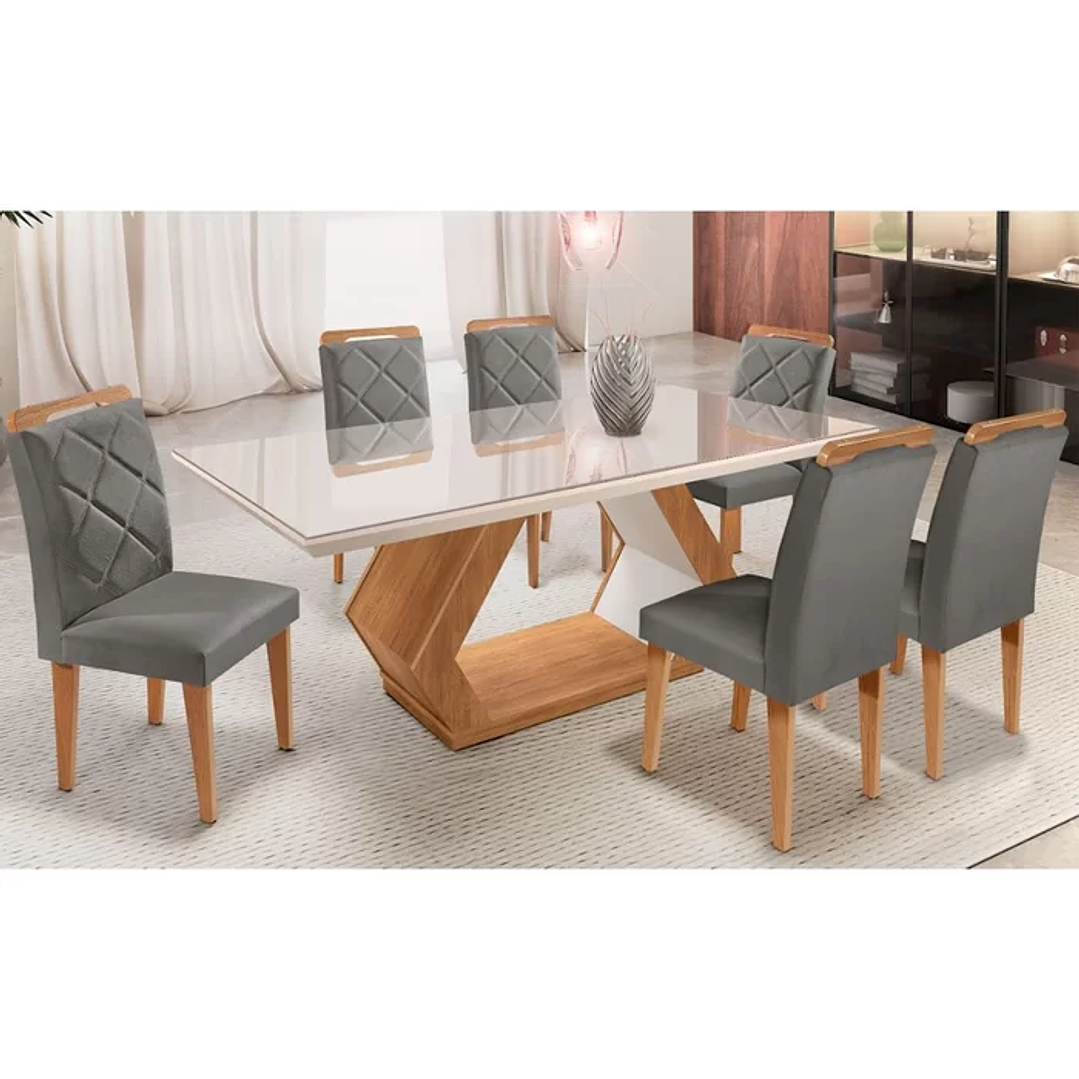 Mesa Alvorada 180 Tp Mdf Vidro canto Reto 6 Cadeiras Veludo Animale/Imbuia/Off White 3
