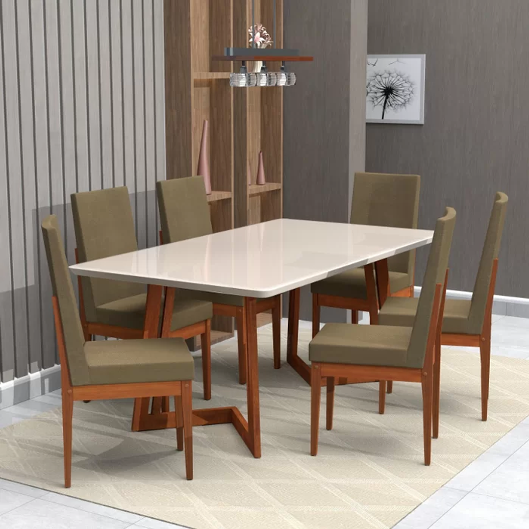 Conjunto Mesa com Vidro Pés Madeira Maciça 6 Cadeiras Madeira Dakota Tecido A40 Caramelo 3