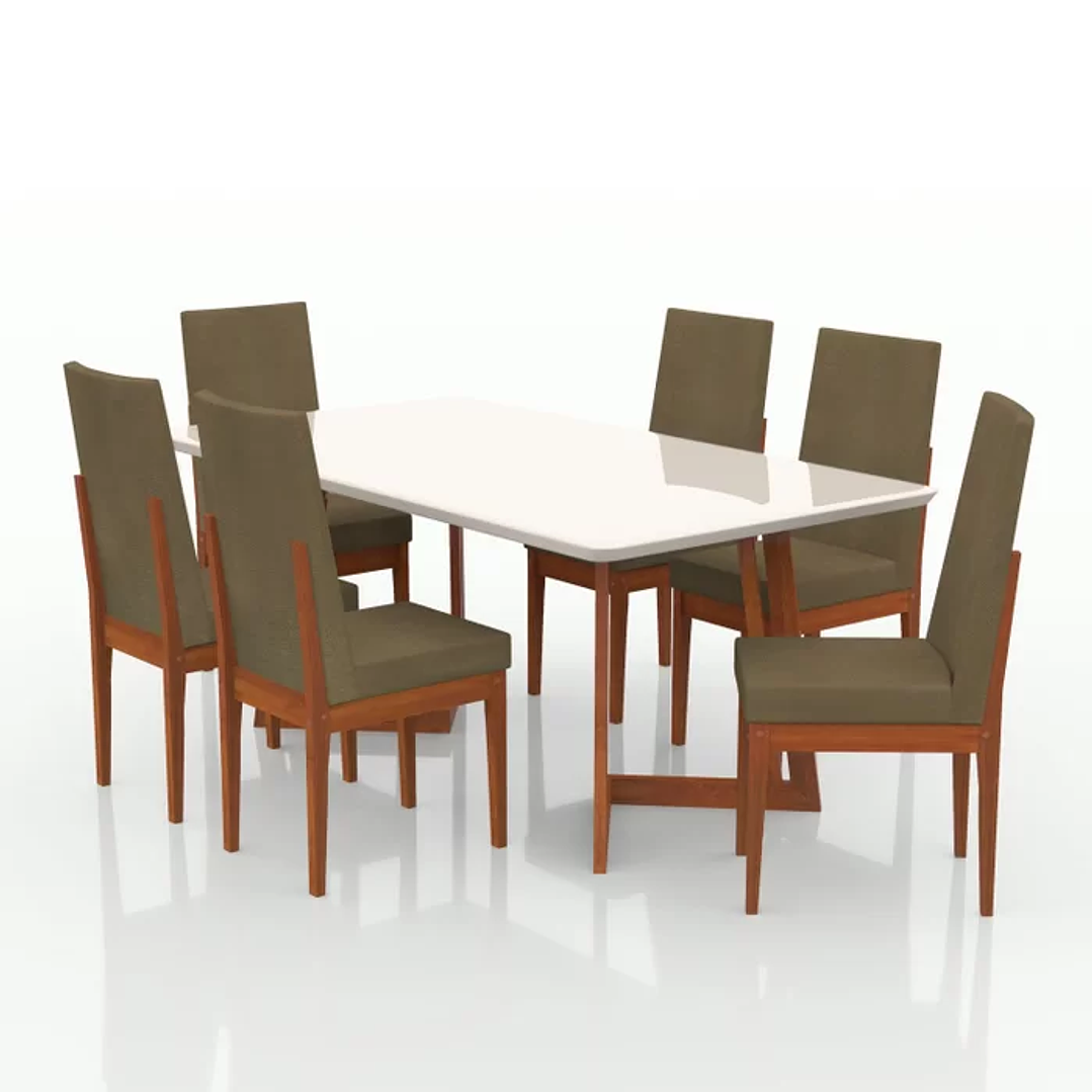 Conjunto Mesa com Vidro Pés Madeira Maciça 6 Cadeiras Madeira Dakota Tecido A40 Caramelo 4