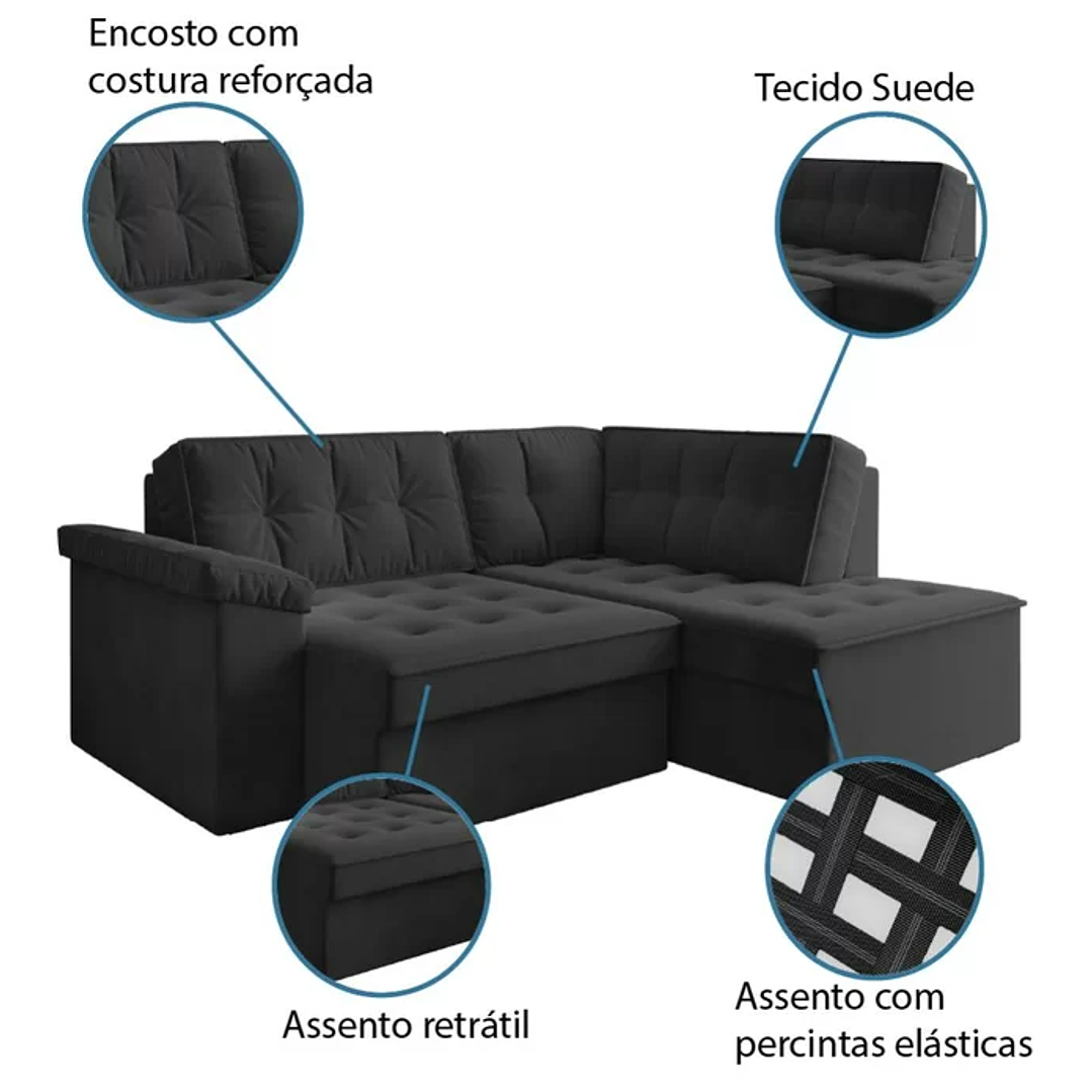Sofá de Canto Retrátil 5 Lugares Grécia Cinza Suede 3
