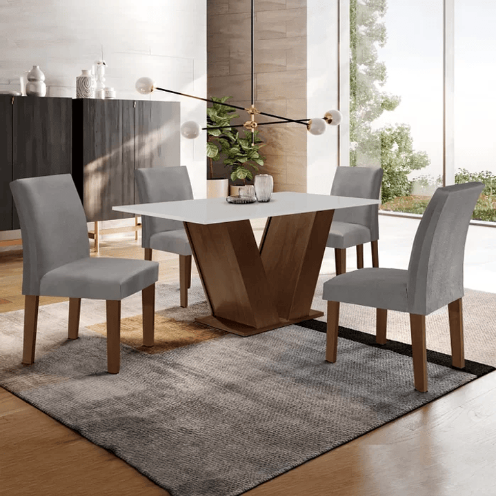 Mesa Sala de Jantar com 4 Cadeiras Tampo MDF Espanha  Chocolate/Off White/Animale Marrom 4