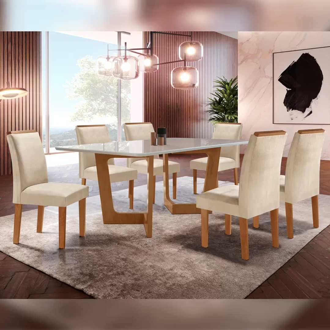 Conjunto Sala De Jantar Nápoles Tampo Vidro/MDF com 6 Cadeiras Luísa Smart Plus Cinamomo/Off White/Bege 1
