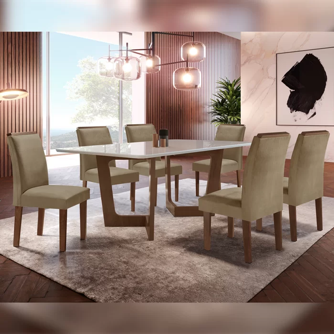 Conjunto Sala De Jantar Nápoles Tampo Vidro/MDF com 6 Cadeiras Luísa Smart Plus Cinamomo/Off White/Bege 4