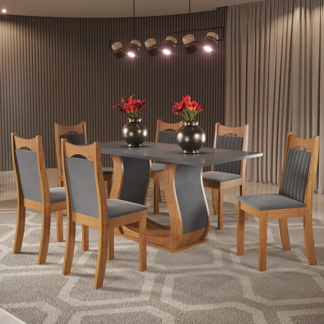 Mesa de Jantar Retangular Buenos Aires com 6 Cadeiras Dalas Mel/Cinza Brilho/Grafite 1