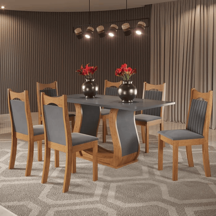 Mesa de Jantar Retangular Buenos Aires com 6 Cadeiras Dalas Mel/Cinza Brilho/Grafite 1