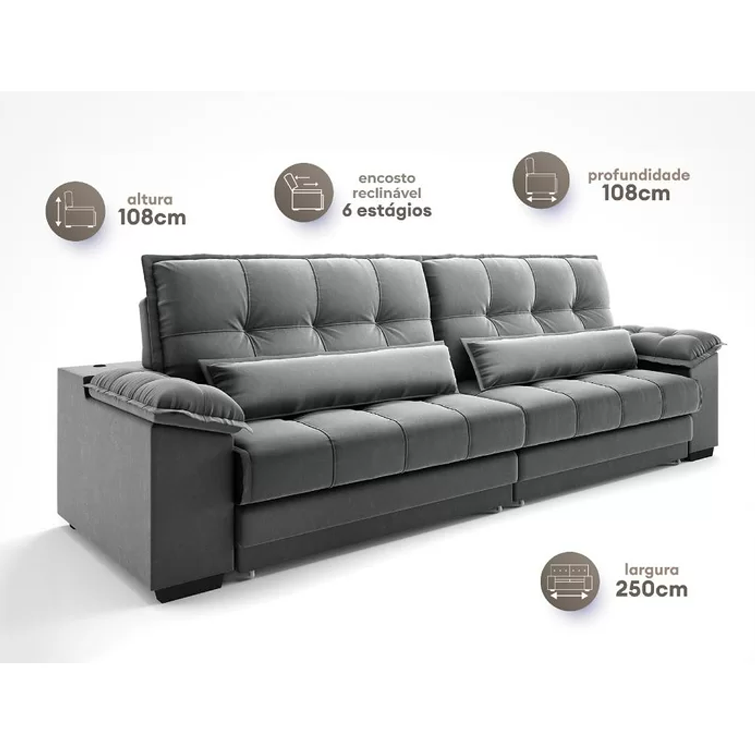 Sofá Retrátil e Reclinável com Molas Ensacadas e Carregador Usb Colosso 2,50m Veludocristal  4