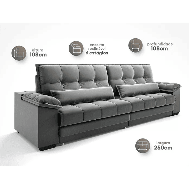Sofá Retrátil e Reclinável com Molas Ensacadas e Carregador Usb Colosso 2,50m Veludocristal  4