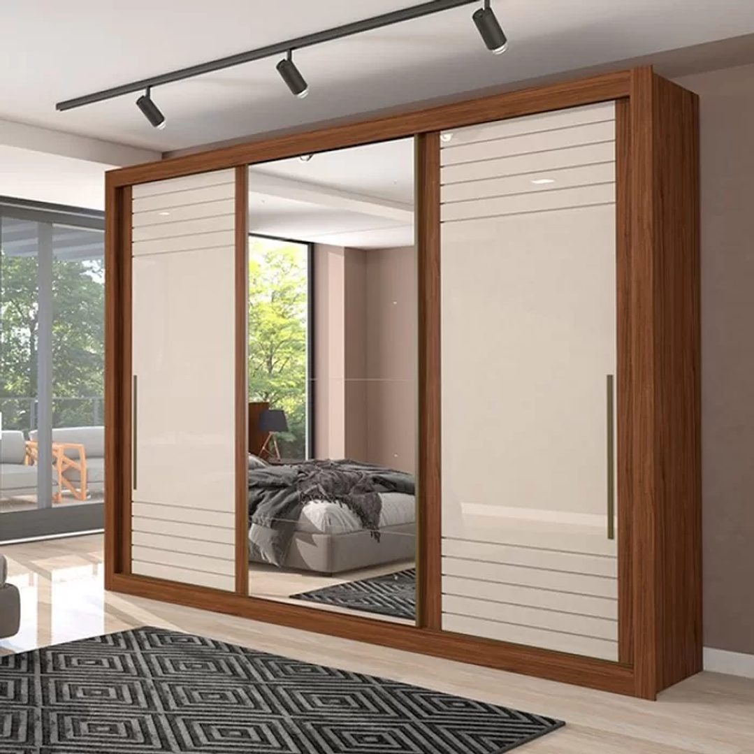 Guarda Roupa Casal em MDF 3 Portas de Correr com Espelho Avelã/Off White 1