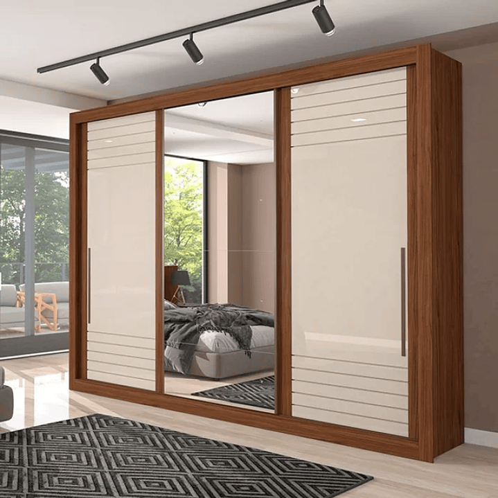 Guarda Roupa Casal em MDF 3 Portas de Correr com Espelho Avelã/Off White 1