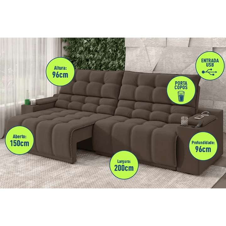 Sofá Connect Premium 2,00m Assento Retrátil/reclinável com Porta Copos e Entrada Usb Suede  6