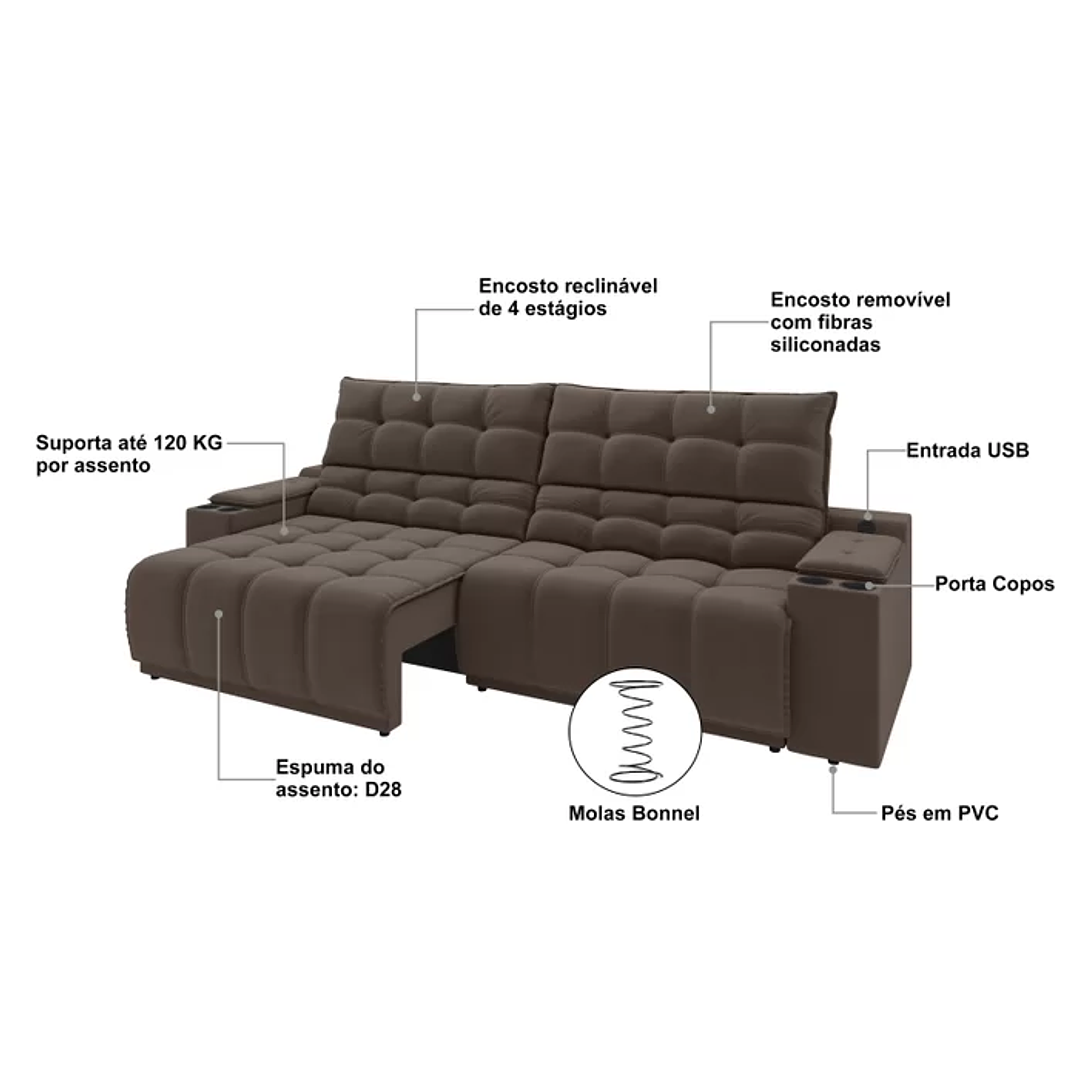 Sofá Connect Premium 2,00m Assento Retrátil/reclinável com Porta Copos e Entrada Usb Suede  7