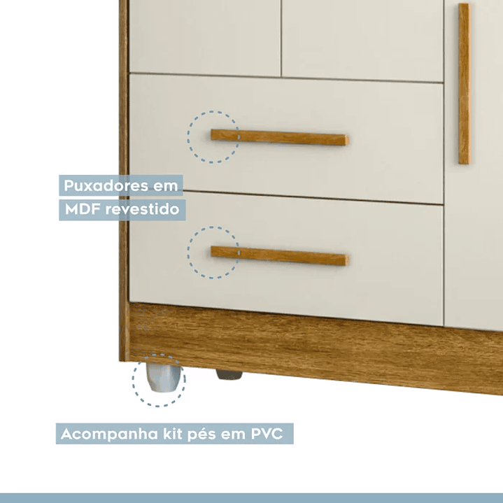 Guarda Roupa Infantil 100% MDF Flocos 3 Portas 2 Gavetas Branco/Ypê 3
