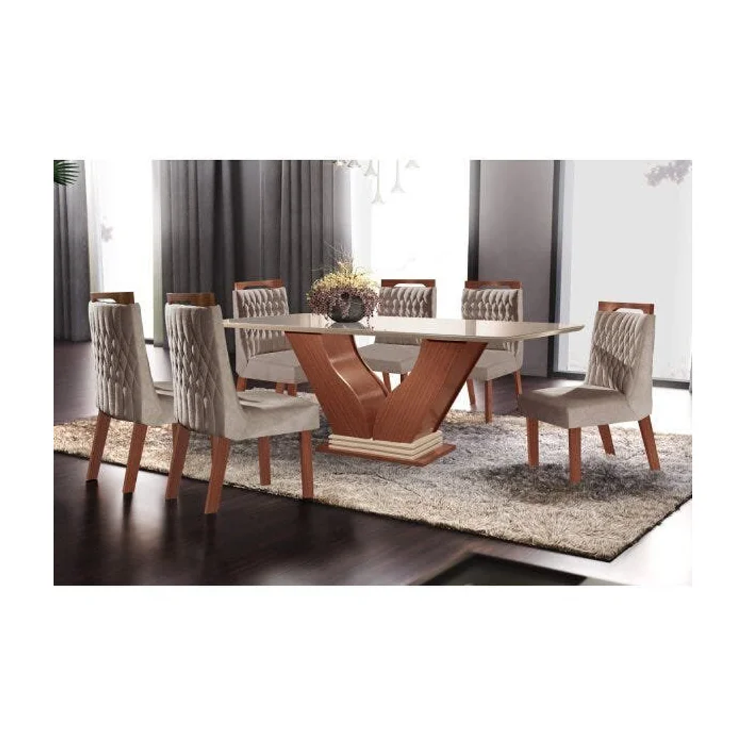Conjunto Sala de Jantar Mesa com Tampo de Vidro Safira 6 Cadeiras Atena Castanho /Off White 1