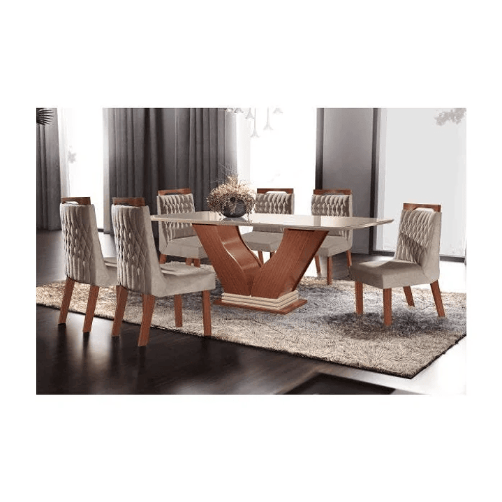 Conjunto Sala de Jantar Mesa com Tampo de Vidro Safira 6 Cadeiras Atena Castanho /Off White 1
