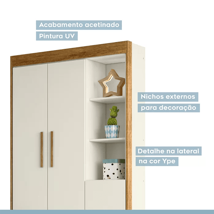 Guarda Roupa Infantil 100% MDF Flocos 3 Portas 2 Gavetas Branco/Ypê 5